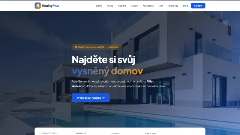 Reality Plus - ukázka webu pro realitní kancelář